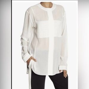 Theory Ivory Pebbled Seersucker Oversized 100% Silk Sheer Blouse